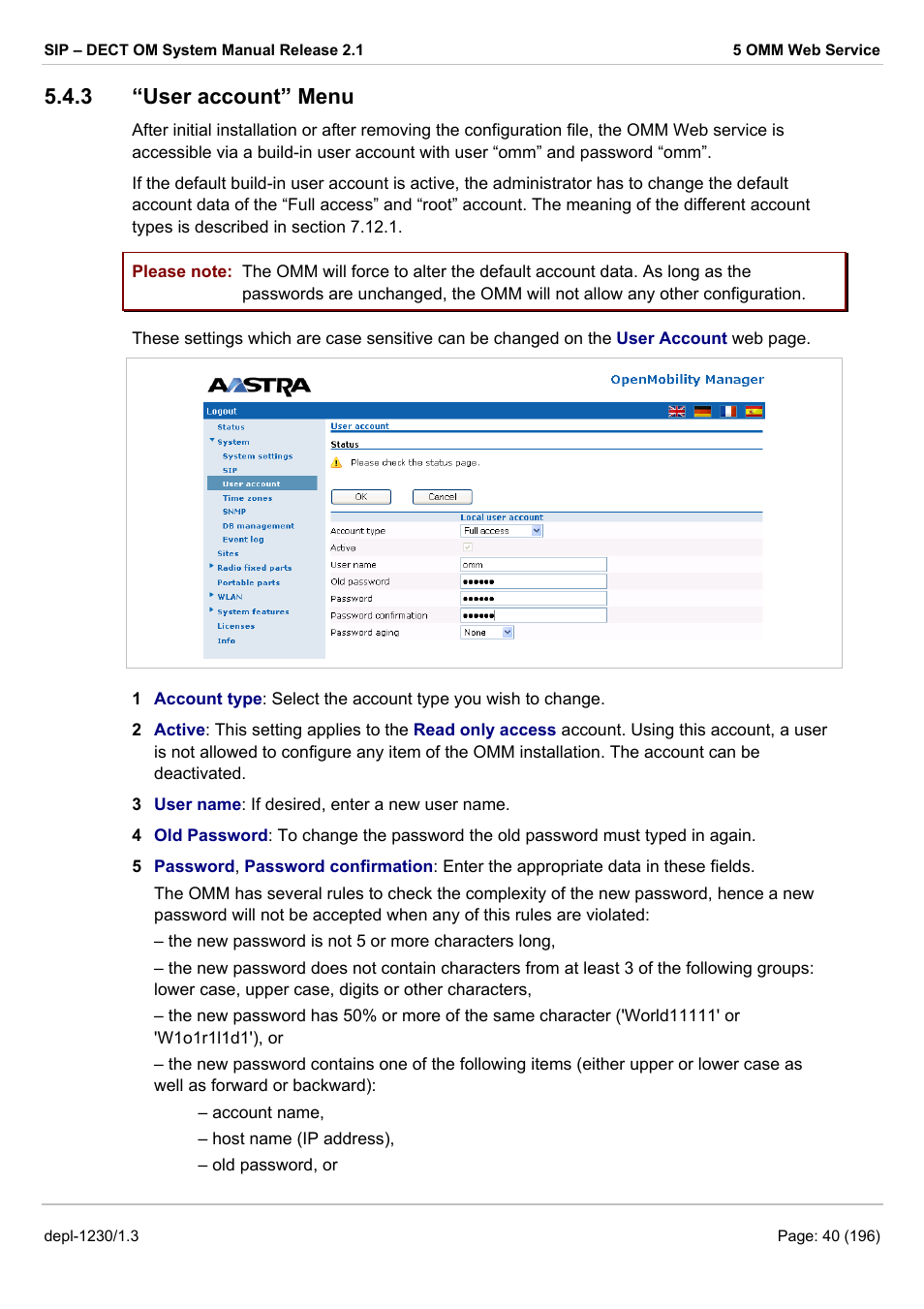 User account” menu, 3 “user account” menu | AASTRA SIP-DECT (Release 2.1)- OM System Manual - Installation, Administration and Maintenance EN User Manual | Page 40 / 196