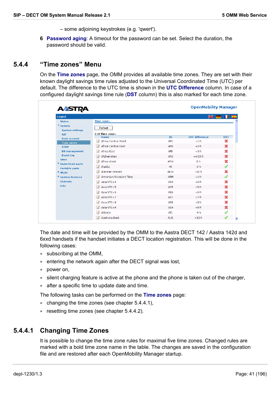 Time zones” menu, Changing time zones, Er 5.4.4) | 4 “time zones” menu, 1 changing time zones | AASTRA SIP-DECT (Release 2.1)- OM System Manual - Installation, Administration and Maintenance EN User Manual | Page 41 / 196