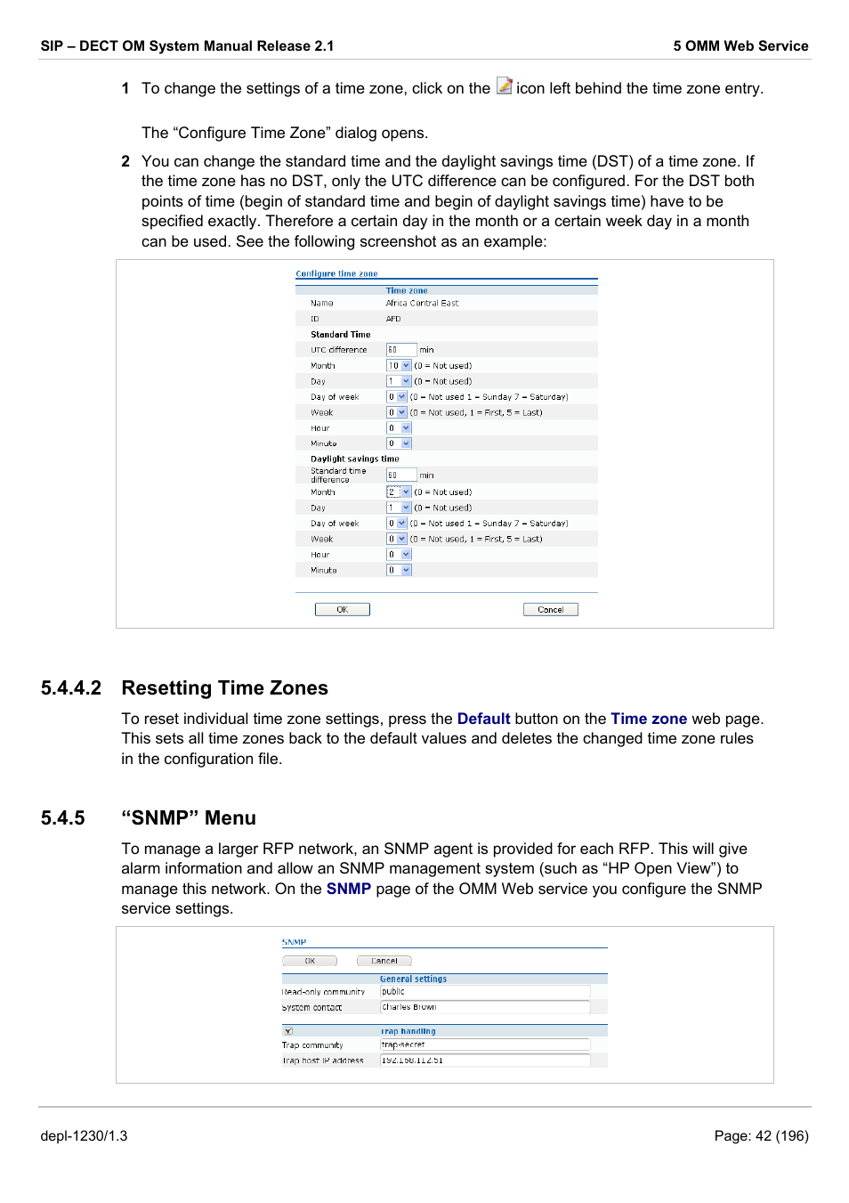 Resetting time zones, Snmp” menu, 2 resetting time zones | 5 “snmp” menu | AASTRA SIP-DECT (Release 2.1)- OM System Manual - Installation, Administration and Maintenance EN User Manual | Page 42 / 196
