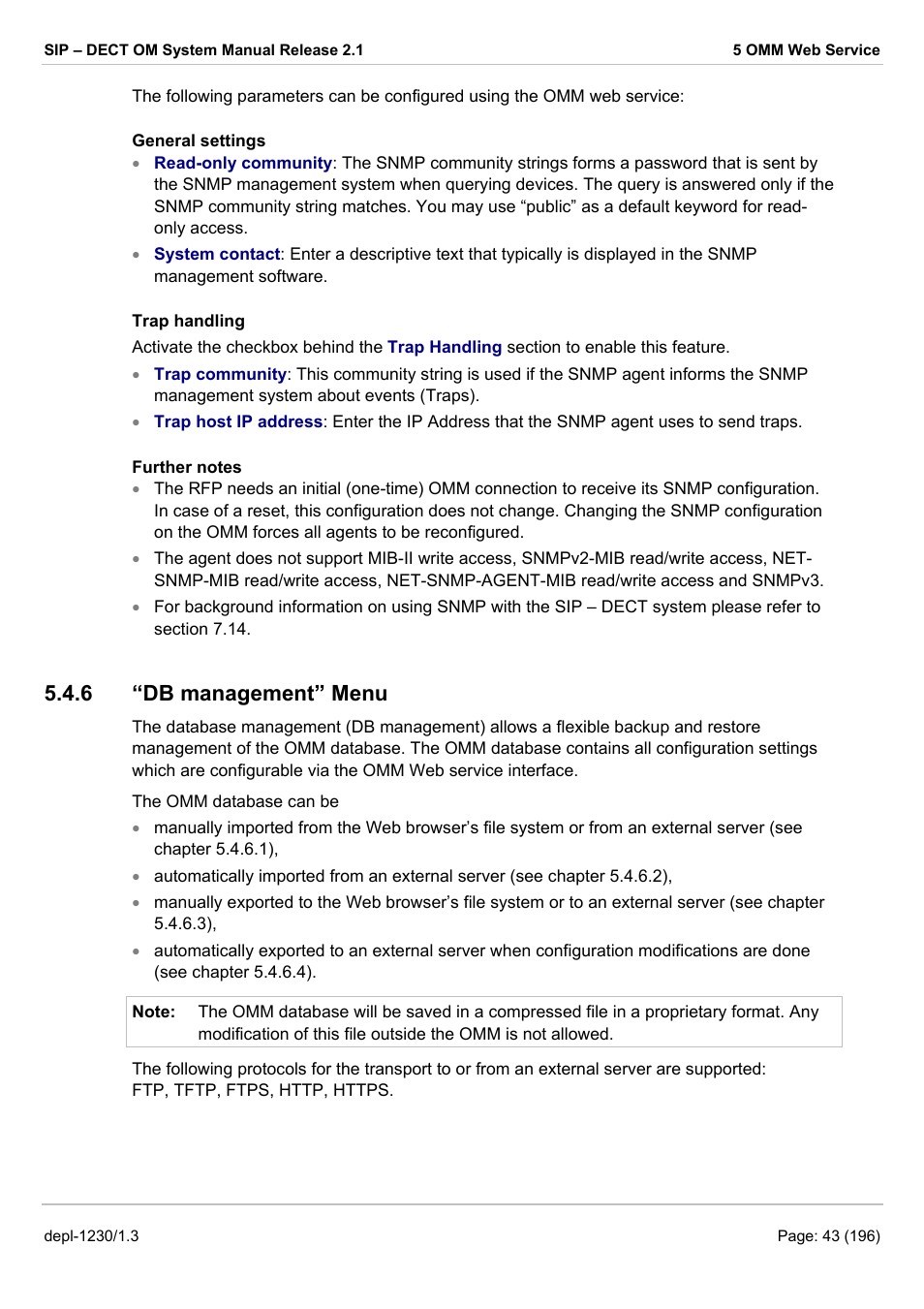 Db management” menu, 6 “db management” menu | AASTRA SIP-DECT (Release 2.1)- OM System Manual - Installation, Administration and Maintenance EN User Manual | Page 43 / 196