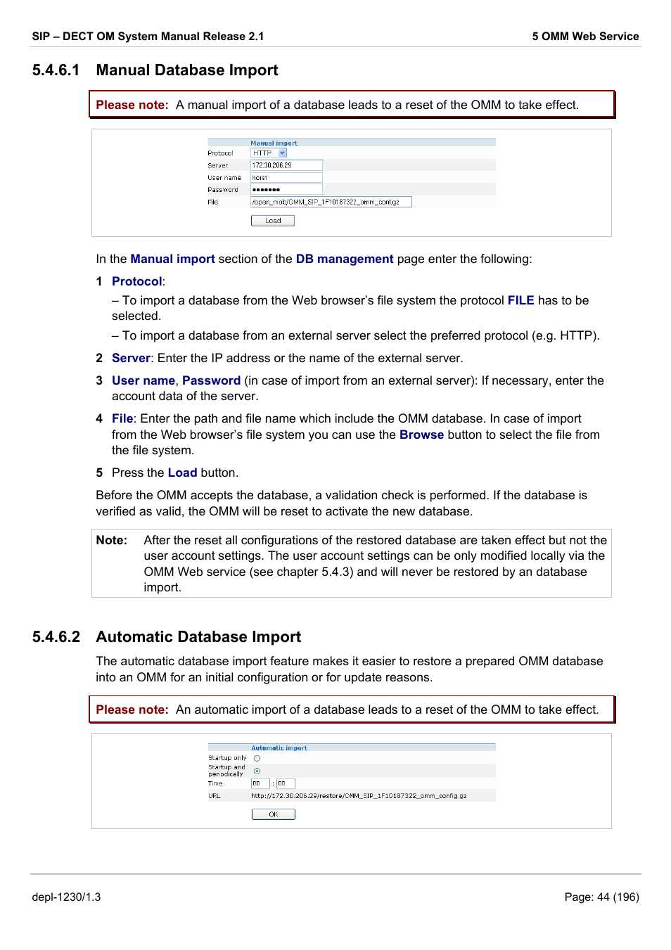 Manual database import, Automatic database import, Chapter 5.4.6.1) | Nal server (see chapter 5.4.6.2), 1 manual database import, 2 automatic database import | AASTRA SIP-DECT (Release 2.1)- OM System Manual - Installation, Administration and Maintenance EN User Manual | Page 44 / 196