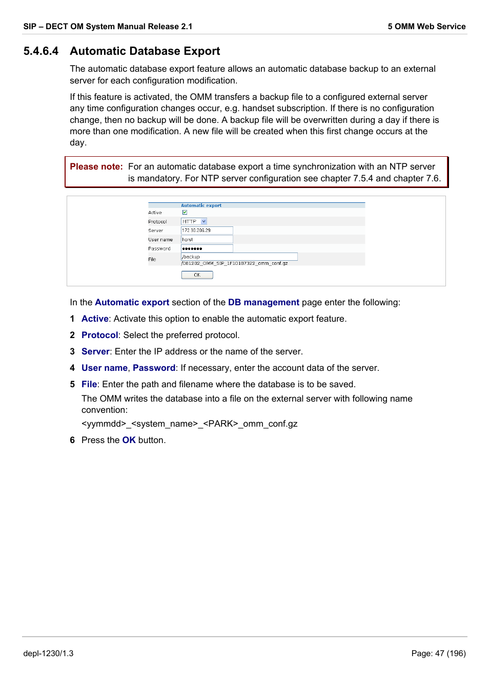 Automatic database export, See chapter 5.4.6.4), 4 automatic database export | AASTRA SIP-DECT (Release 2.1)- OM System Manual - Installation, Administration and Maintenance EN User Manual | Page 47 / 196