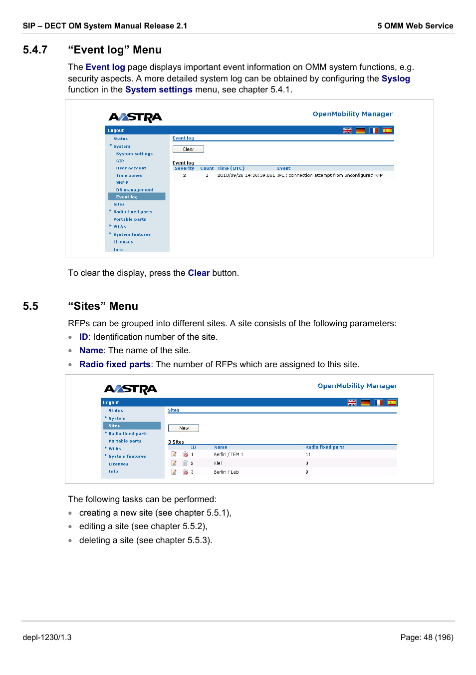 Event log” menu, Sites” menu, Ites | E chapter 5.5, 7 “event log” menu, 5 “sites” menu | AASTRA SIP-DECT (Release 2.1)- OM System Manual - Installation, Administration and Maintenance EN User Manual | Page 48 / 196