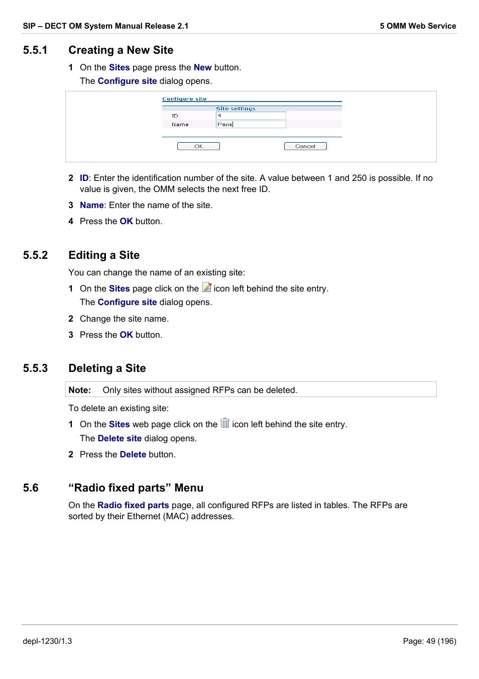 Creating a new site, Editing a site, Deleting a site | Radio fixed parts” menu, Adio fixed parts, Chapter 5.6, Er 5.5.1), Chapter 5.5.2), Chapter 5.5.3), 1 creating a new site | AASTRA SIP-DECT (Release 2.1)- OM System Manual - Installation, Administration and Maintenance EN User Manual | Page 49 / 196