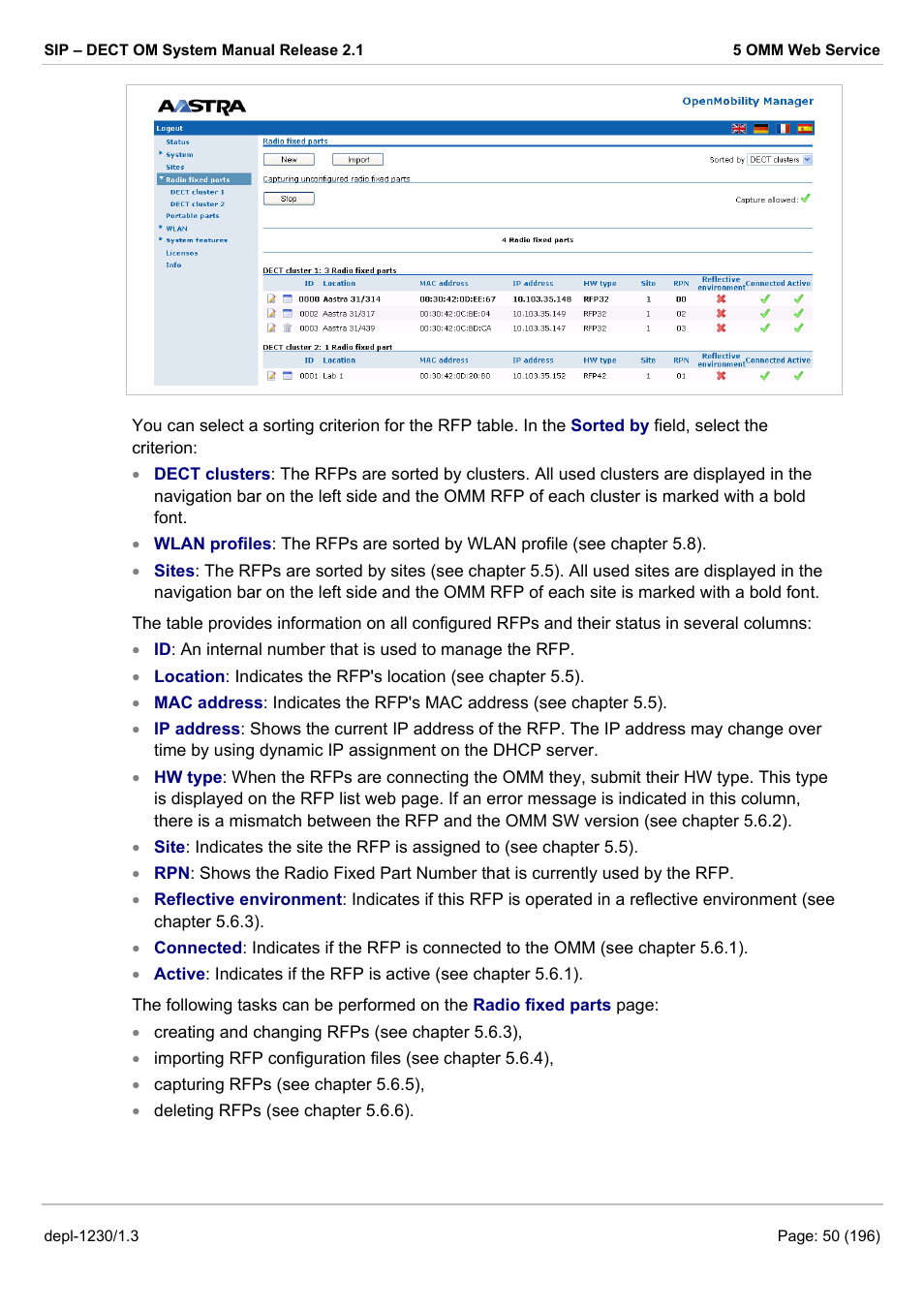 AASTRA SIP-DECT (Release 2.1)- OM System Manual - Installation, Administration and Maintenance EN User Manual | Page 50 / 196