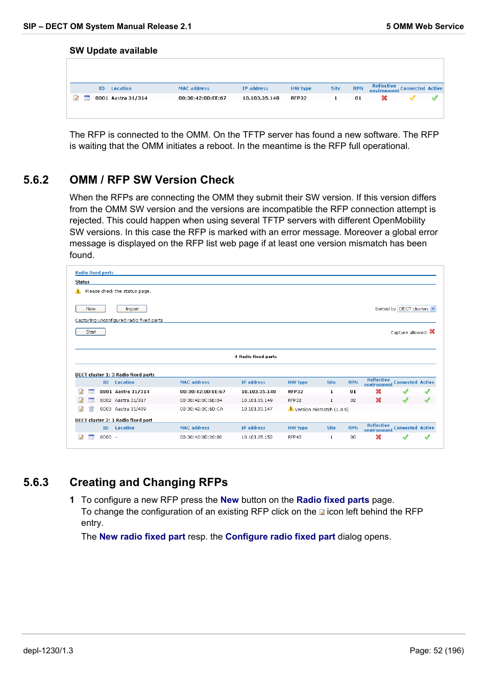 Omm / rfp sw version check, Creating and changing rfps, 3, “dect settings” or chapter 6.7.1 | Chapter 5.6.3, “dect settings” or chapt, Sw version (see chapter 5.6.2), Chapter 5.6.3), 2 omm / rfp sw version check, 3 creating and changing rfps | AASTRA SIP-DECT (Release 2.1)- OM System Manual - Installation, Administration and Maintenance EN User Manual | Page 52 / 196