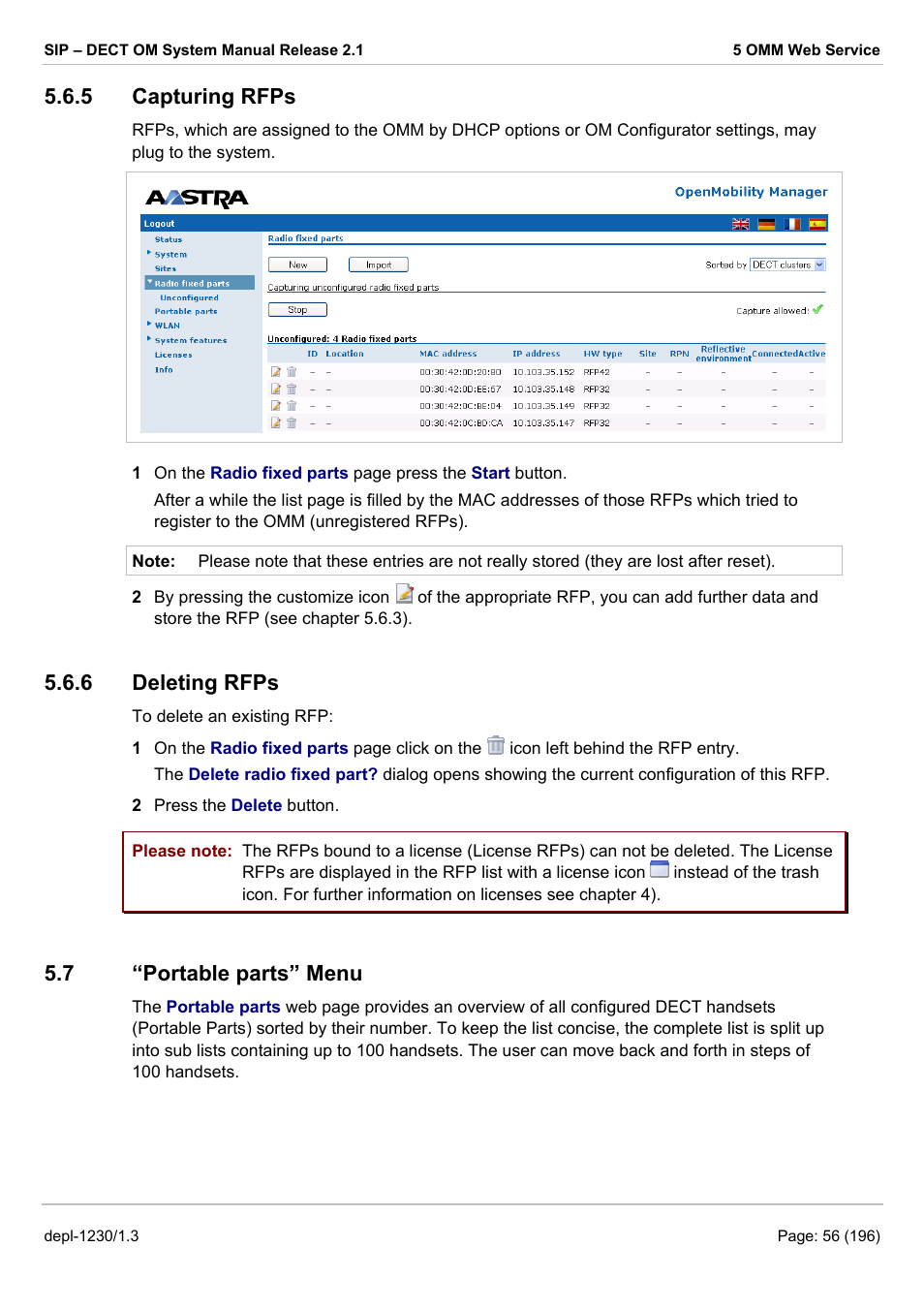 Capturing rfps, Deleting rfps, Portable parts” menu | Ortable parts, Of the pps, see chapter 5.7, Apter 5.6.5), Ter 5.6.6), 5 capturing rfps, 6 deleting rfps, 7 “portable parts” menu | AASTRA SIP-DECT (Release 2.1)- OM System Manual - Installation, Administration and Maintenance EN User Manual | Page 56 / 196