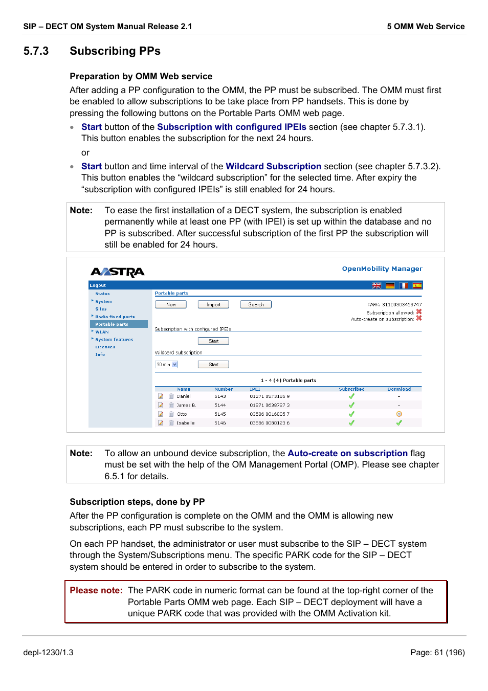 Subscribing pps, Ter 7), 3 subscribing pps | AASTRA SIP-DECT (Release 2.1)- OM System Manual - Installation, Administration and Maintenance EN User Manual | Page 61 / 196