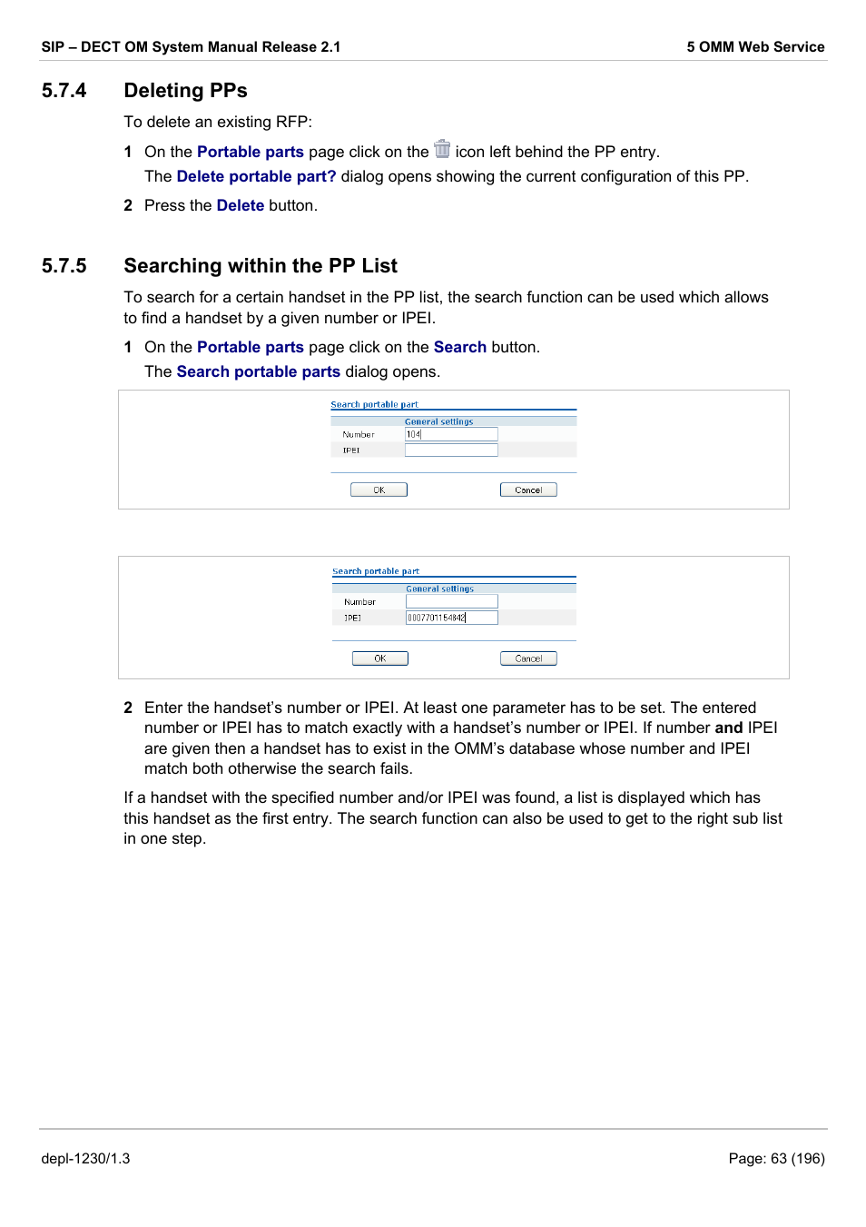 Deleting pps, Searching within the pp list, Chapter 5.7.4) | Ee chapter 5.7.5), 4 deleting pps, 5 searching within the pp list | AASTRA SIP-DECT (Release 2.1)- OM System Manual - Installation, Administration and Maintenance EN User Manual | Page 63 / 196