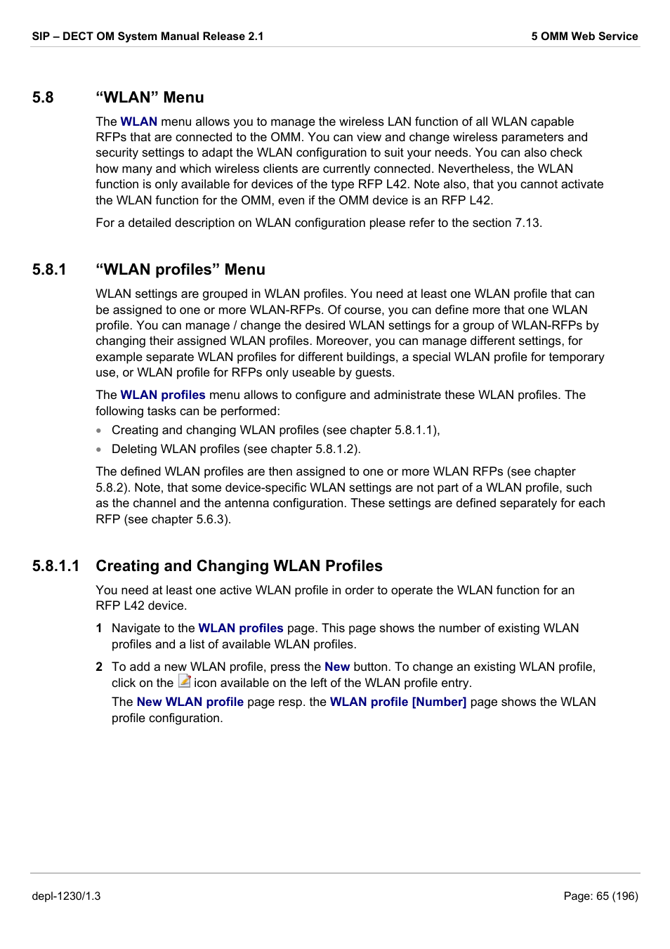 Wlan” menu, Wlan profiles” menu, Creating and changing wlan profiles | Wlan” m, Ter 5.8, Ions 5.8 and 7.13, 8 “wlan” menu, 1 “wlan profiles” menu, 1 creating and changing wlan profiles | AASTRA SIP-DECT (Release 2.1)- OM System Manual - Installation, Administration and Maintenance EN User Manual | Page 65 / 196