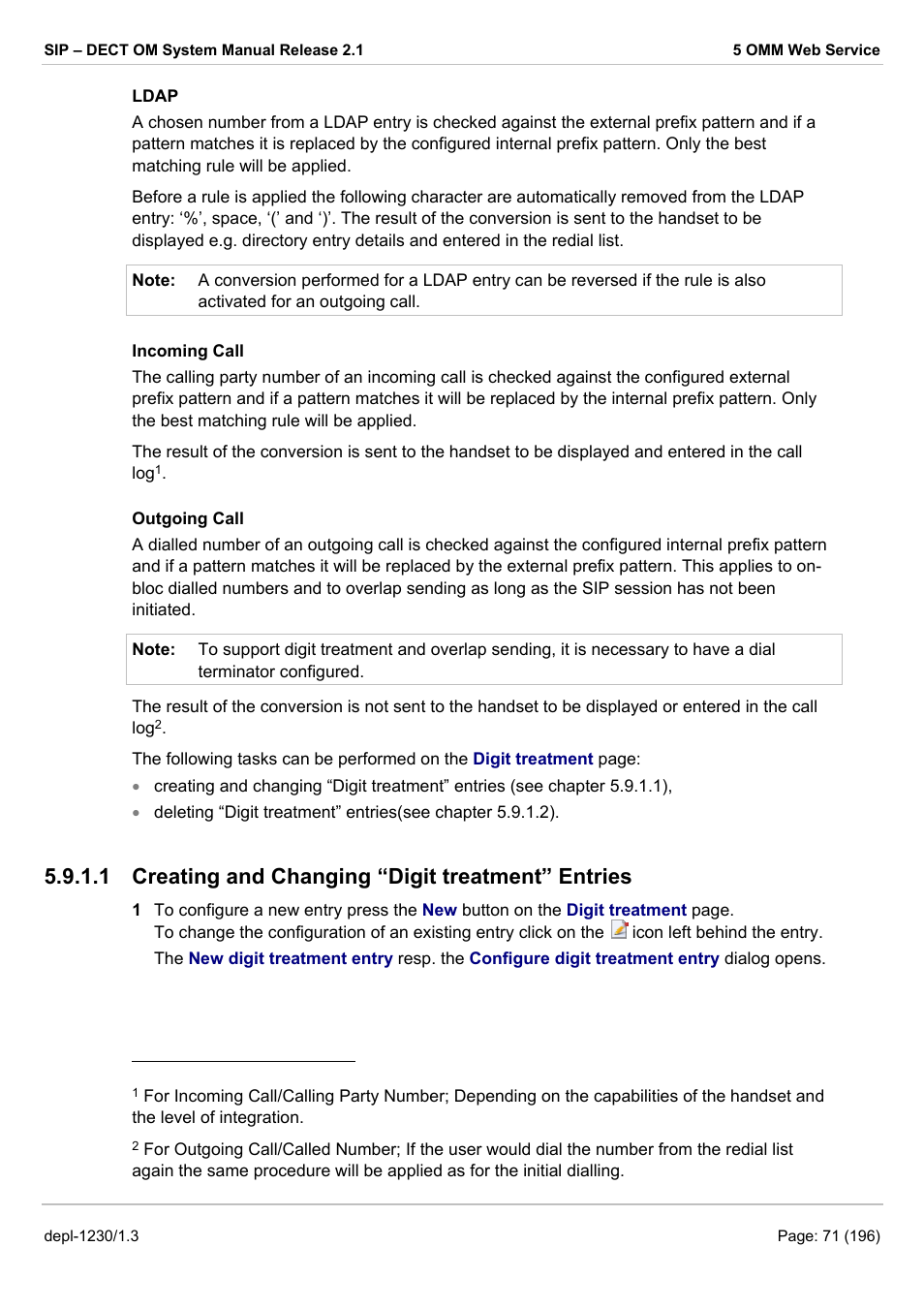 Creating and changing “digit treatment” entries, 1 creating and changing “digit treatment” entries | AASTRA SIP-DECT (Release 2.1)- OM System Manual - Installation, Administration and Maintenance EN User Manual | Page 71 / 196