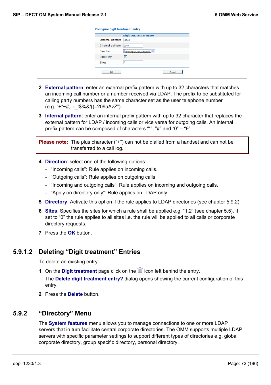 Deleting “digit treatment” entries, Directory” menu, Ter 5.9.1.2) | 2 deleting “digit treatment” entries, 2 “directory” menu | AASTRA SIP-DECT (Release 2.1)- OM System Manual - Installation, Administration and Maintenance EN User Manual | Page 72 / 196