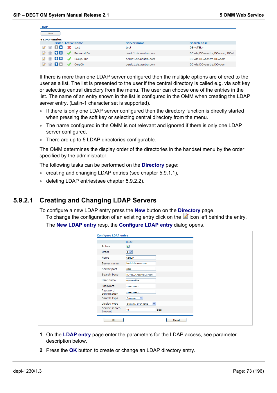 Creating and changing ldap servers, 1 creating and changing ldap servers | AASTRA SIP-DECT (Release 2.1)- OM System Manual - Installation, Administration and Maintenance EN User Manual | Page 73 / 196
