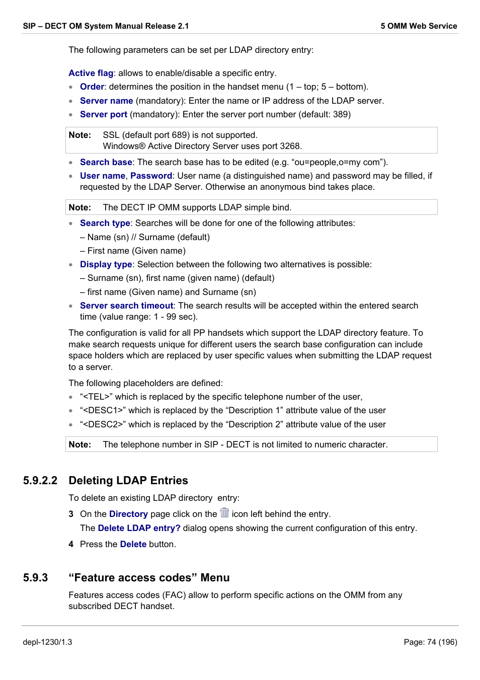 Deleting ldap entries, 2 deleting ldap entries, 3 “feature access codes” menu | AASTRA SIP-DECT (Release 2.1)- OM System Manual - Installation, Administration and Maintenance EN User Manual | Page 74 / 196