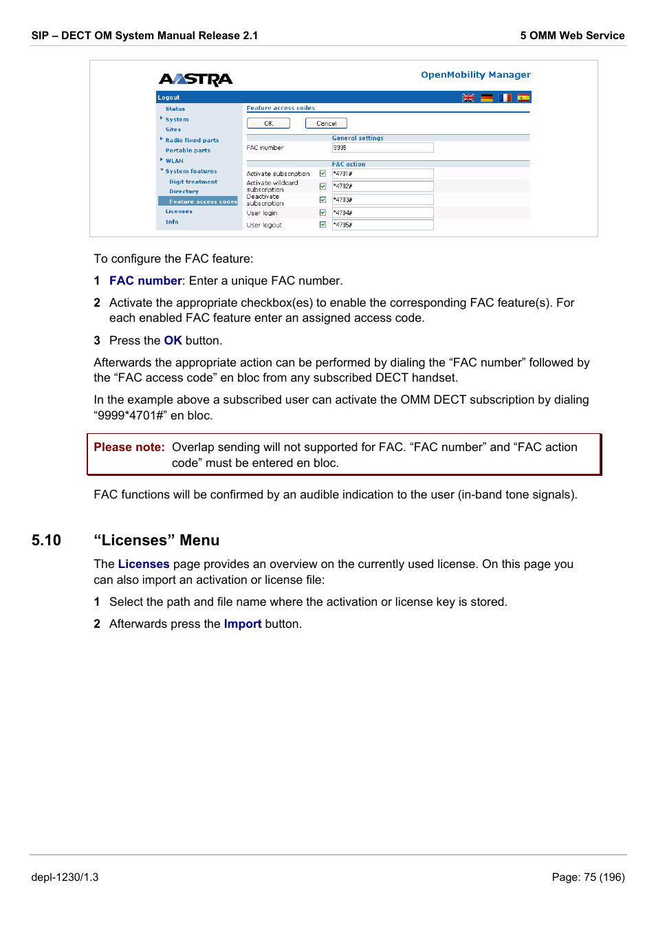 Feature access codes” menu, Licenses” menu, 10 “l | Icenses, 10 “licenses” menu | AASTRA SIP-DECT (Release 2.1)- OM System Manual - Installation, Administration and Maintenance EN User Manual | Page 75 / 196