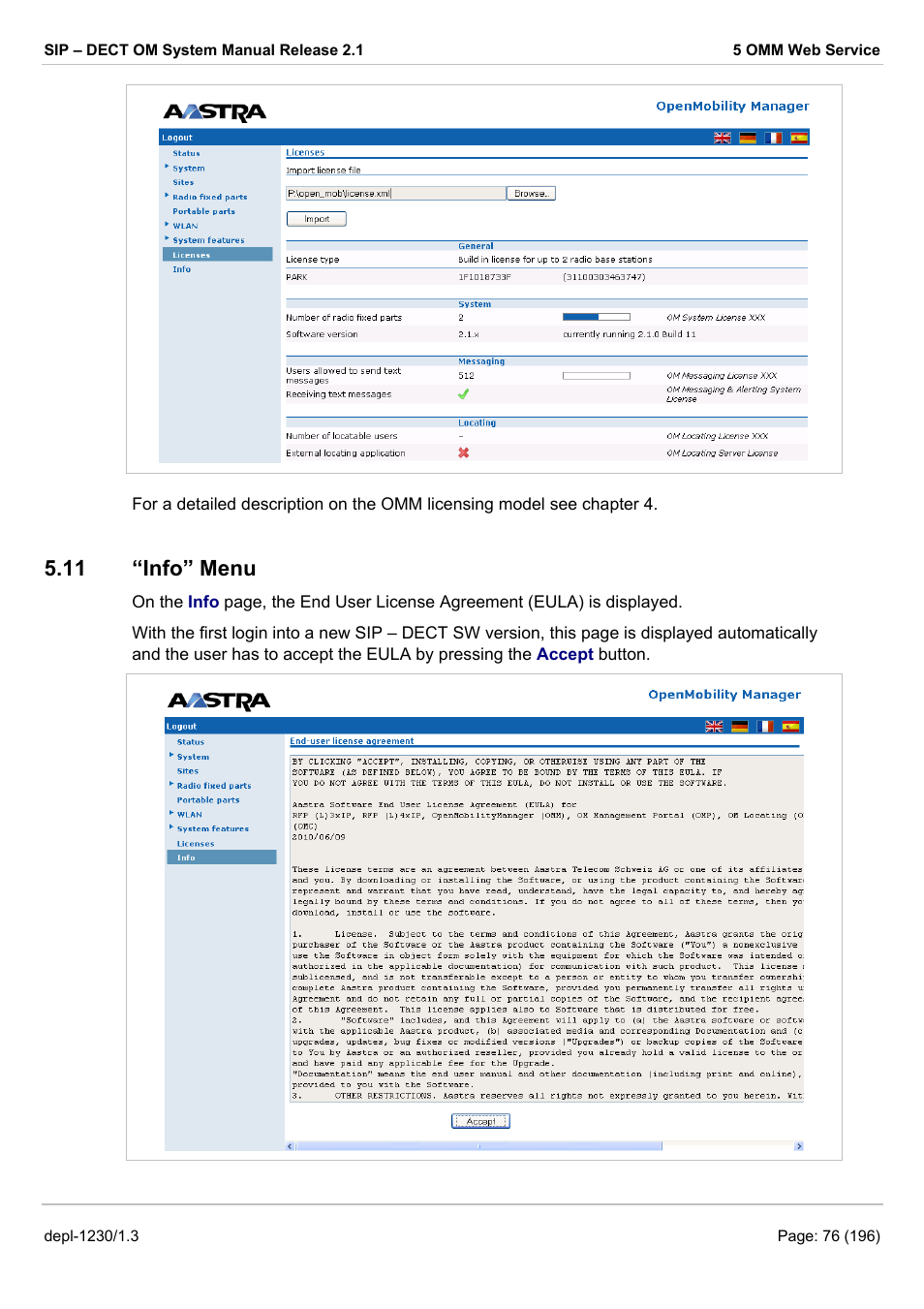 Info” menu, 11 “i, License agreement (eula), see chapter 5.11 | 11 “info” menu | AASTRA SIP-DECT (Release 2.1)- OM System Manual - Installation, Administration and Maintenance EN User Manual | Page 76 / 196