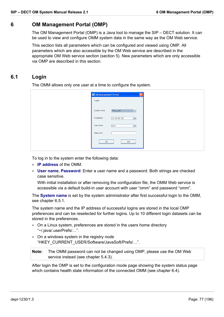 Om management portal (omp), Login, Om management portal (omp) 6.1 | Ogin, Ment portal, omp, see chapter 6), 6om management portal (omp), 1 login | AASTRA SIP-DECT (Release 2.1)- OM System Manual - Installation, Administration and Maintenance EN User Manual | Page 77 / 196