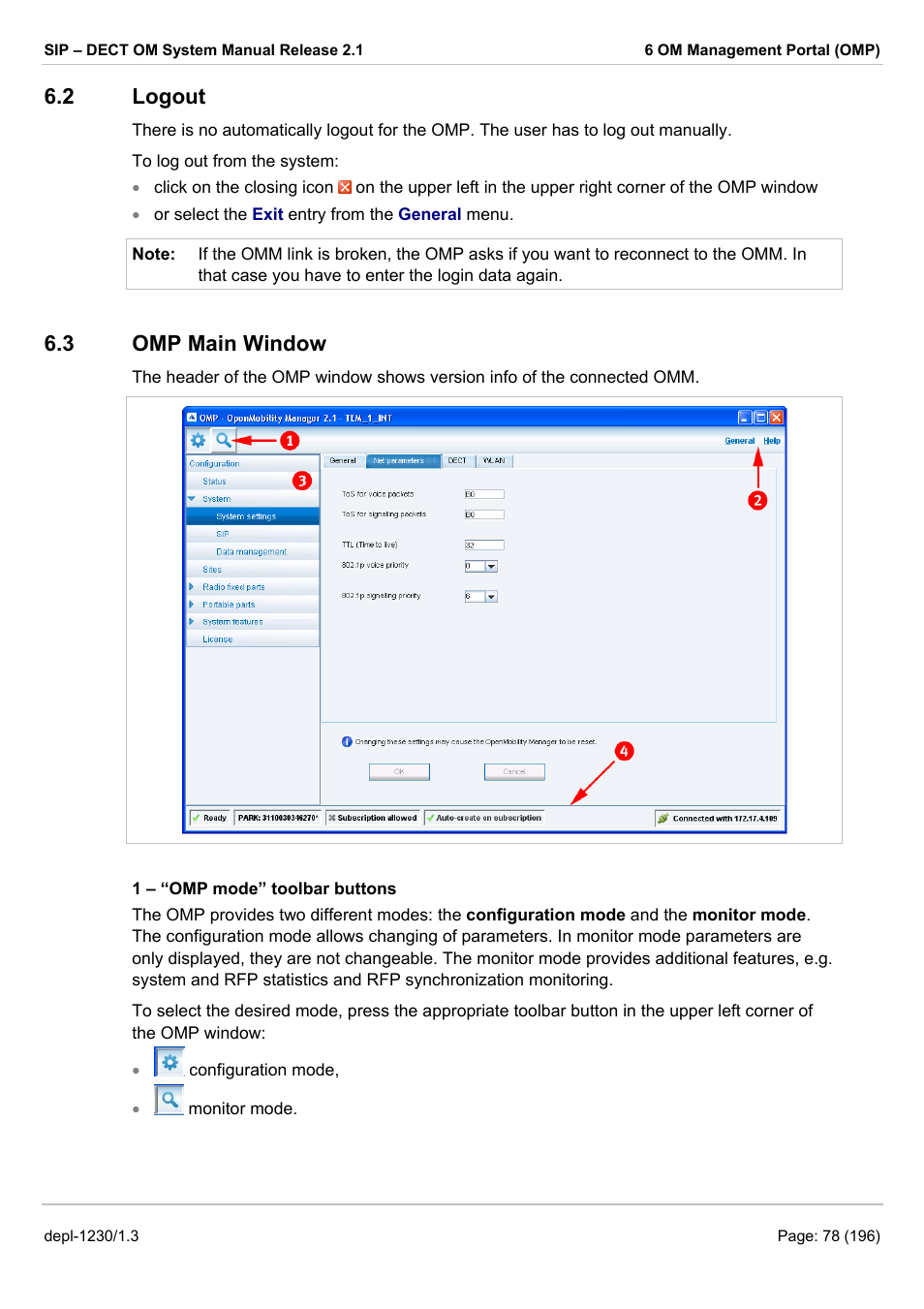 Logout, Omp main window, Ogout | Omp m, Indow, 2 logout, 3 omp main window | AASTRA SIP-DECT (Release 2.1)- OM System Manual - Installation, Administration and Maintenance EN User Manual | Page 78 / 196