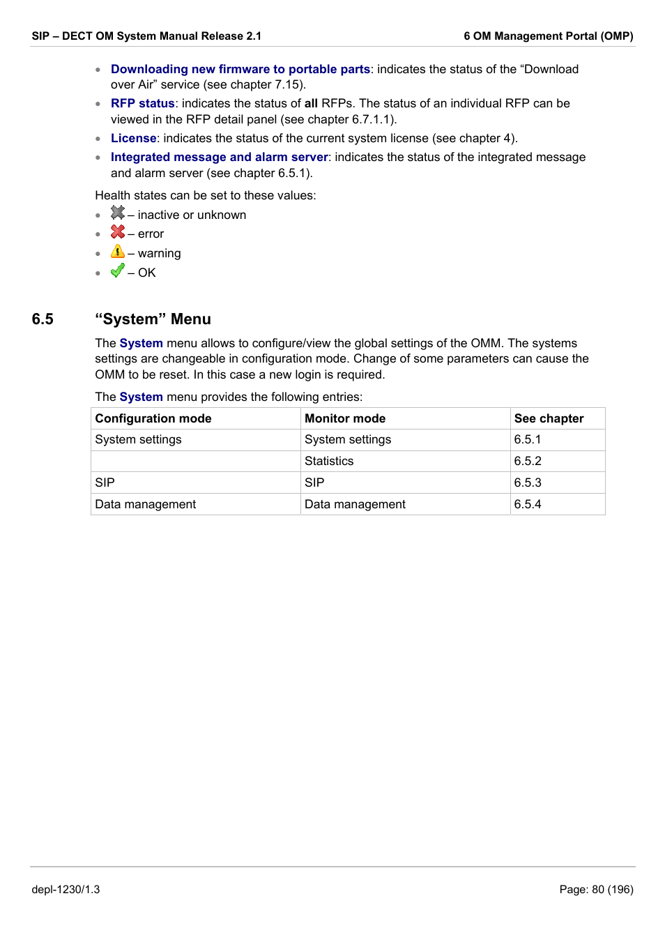 System” menu, Ystem, 5 “system” menu | AASTRA SIP-DECT (Release 2.1)- OM System Manual - Installation, Administration and Maintenance EN User Manual | Page 80 / 196