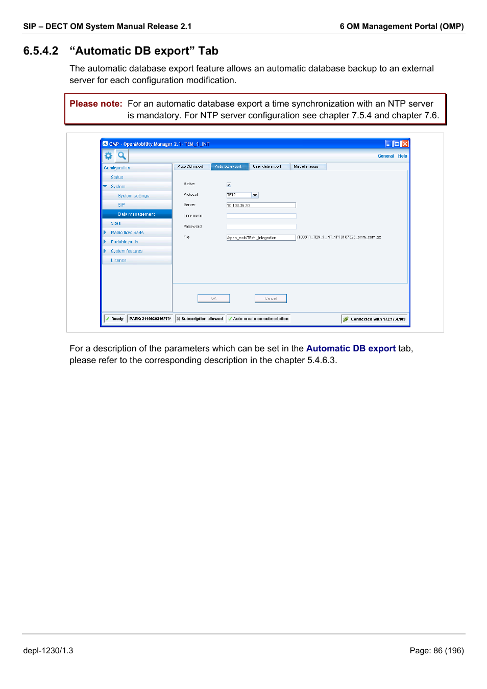 Automatic db export” tab, See chapter 6.5.4.2), 2 “automatic db export” tab | AASTRA SIP-DECT (Release 2.1)- OM System Manual - Installation, Administration and Maintenance EN User Manual | Page 86 / 196