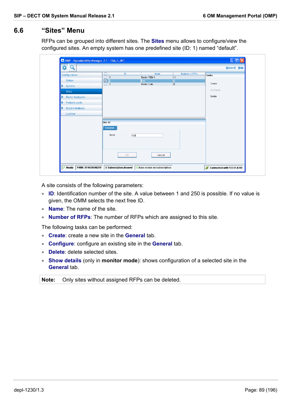 Sites” menu, Ites, 6 “sites” menu | AASTRA SIP-DECT (Release 2.1)- OM System Manual - Installation, Administration and Maintenance EN User Manual | Page 89 / 196
