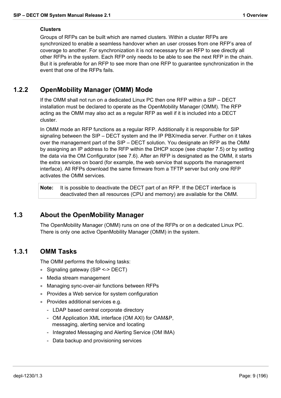 Openmobility manager (omm) mode, About the openmobility manager, Omm tasks | Bout the, Obility, Anager, 2 openmobility manager (omm) mode, 3 about the openmobility manager, 1 omm tasks | AASTRA SIP-DECT (Release 2.1)- OM System Manual - Installation, Administration and Maintenance EN User Manual | Page 9 / 196