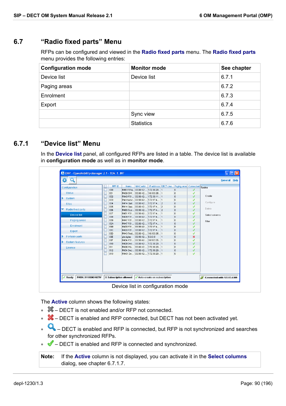 Radio fixed parts” menu, Device list” menu, Adio fixed parts | 7 “radio fixed parts” menu, 1 “device list” menu | AASTRA SIP-DECT (Release 2.1)- OM System Manual - Installation, Administration and Maintenance EN User Manual | Page 90 / 196