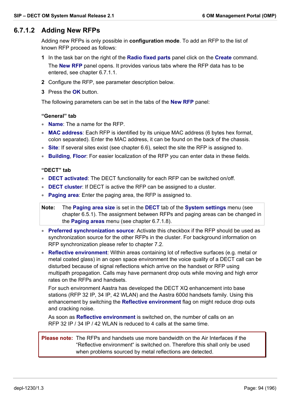 Adding new rfps, 2, “dect tab”), Er 6.7.1.2, “dect tab”) | 2 adding new rfps | AASTRA SIP-DECT (Release 2.1)- OM System Manual - Installation, Administration and Maintenance EN User Manual | Page 94 / 196