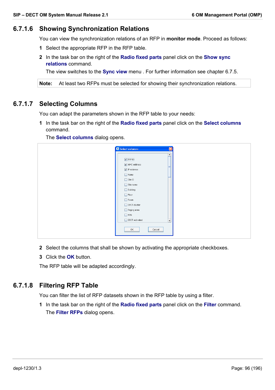 Showing synchronization relations, Selecting columns, Filtering rfp table | Chapters 6.7.1.8 a, 6 showing synchronization relations, 7 selecting columns, 8 filtering rfp table | AASTRA SIP-DECT (Release 2.1)- OM System Manual - Installation, Administration and Maintenance EN User Manual | Page 96 / 196