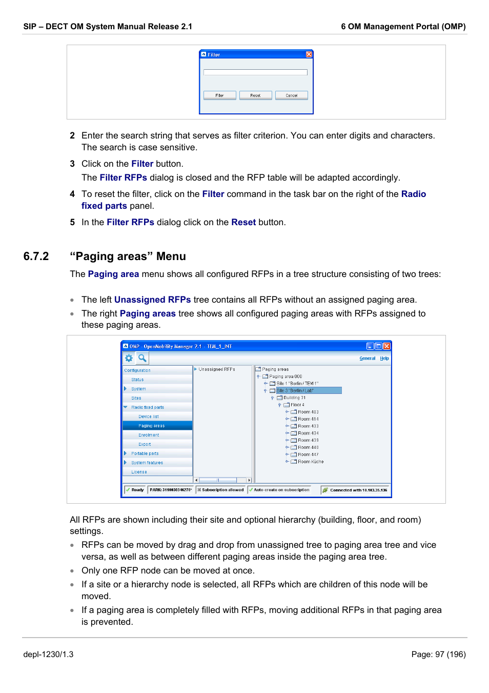 Paging areas” menu, Throughout the sip – dect system (see 6.7.2), Menu of the omp (see chapter 6.7.2) | 2 “paging areas” menu | AASTRA SIP-DECT (Release 2.1)- OM System Manual - Installation, Administration and Maintenance EN User Manual | Page 97 / 196