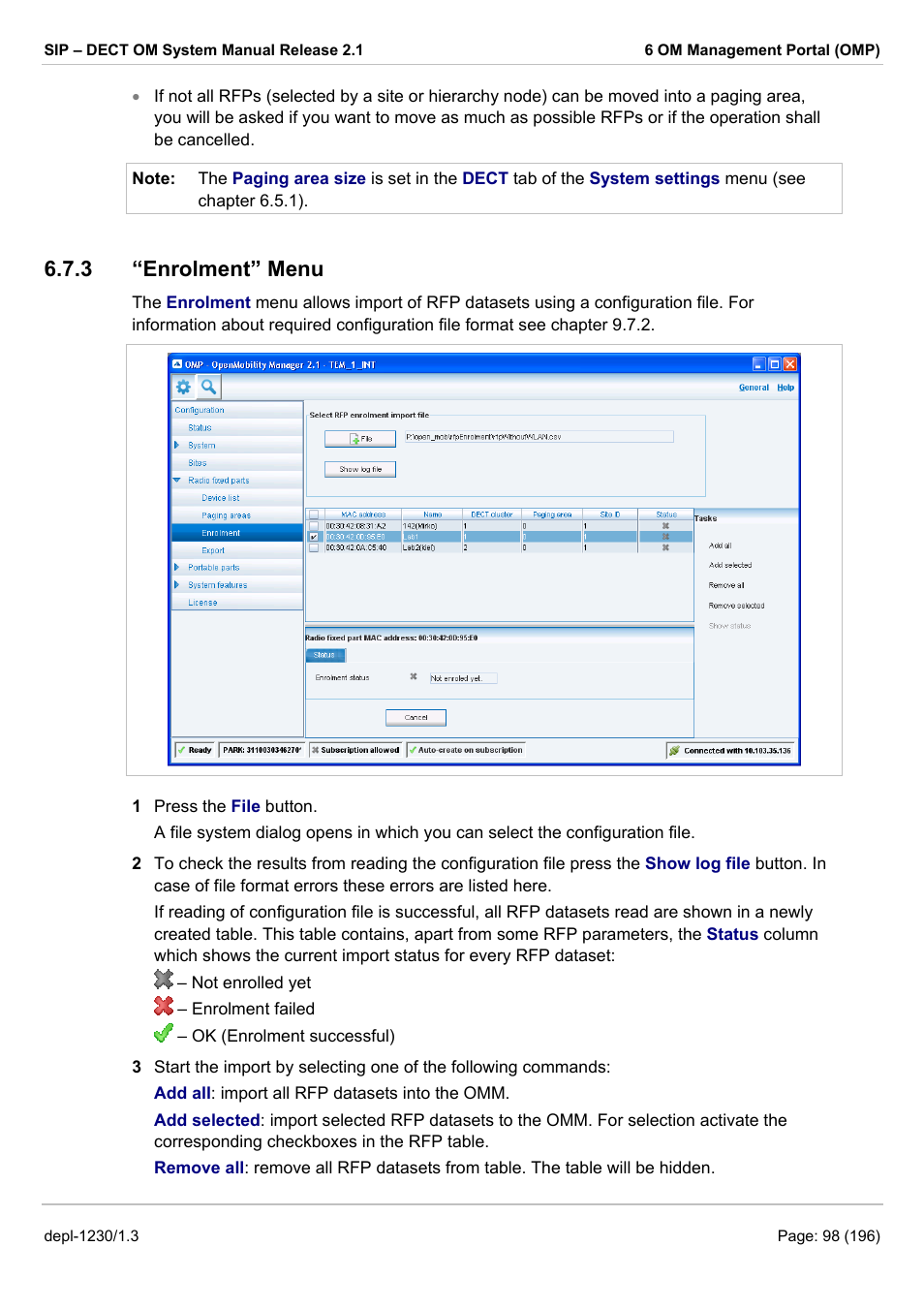 Enrolment” menu, 3 “enrolment” menu | AASTRA SIP-DECT (Release 2.1)- OM System Manual - Installation, Administration and Maintenance EN User Manual | Page 98 / 196