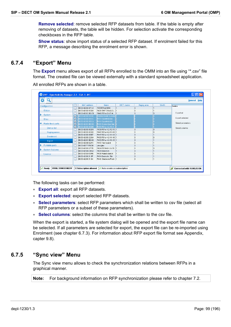 Export” menu, Sync view” menu, Chapter 6.7.5) | 4 “export” menu, 5 “sync view” menu | AASTRA SIP-DECT (Release 2.1)- OM System Manual - Installation, Administration and Maintenance EN User Manual | Page 99 / 196