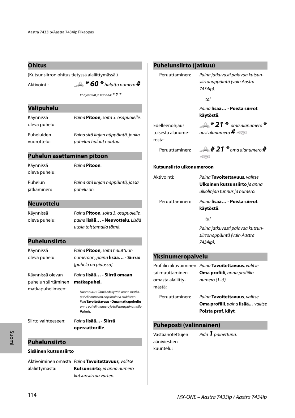 Ohitus, Välipuhelu, Puhelun asettaminen pitoon | Neuvottelu, Puhelunsiirto, Yksinumeropalvelu, Puheposti (valinnainen), Puhelunsiirto (jatkuu) | AASTRA 7434ip for MX-ONE Quick Reference Guide User Manual | Page 114 / 132