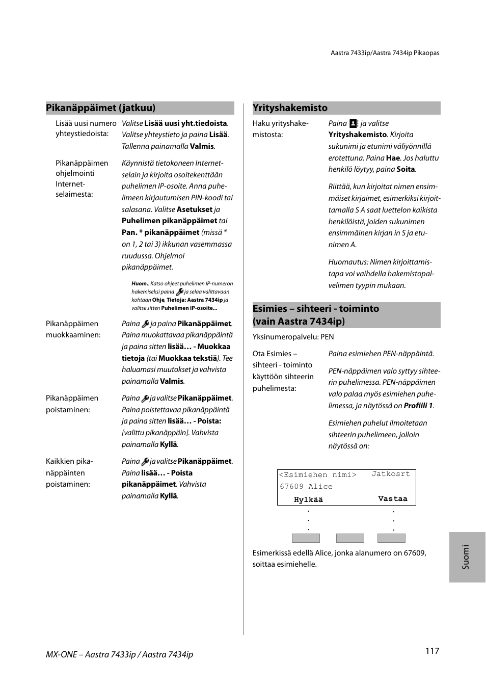 Pikanäppäimet (jatkuu) yrityshakemisto, Esimies – sihteeri - toiminto (vain aastra 7434ip) | AASTRA 7434ip for MX-ONE Quick Reference Guide User Manual | Page 117 / 132