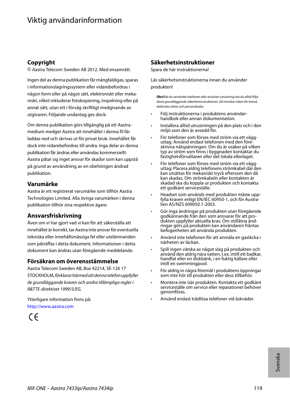 Viktig användarinformation, Svenska, Copyright | Varumärke, Ansvarsfriskrivning, Försäkran om överensstämmelse, Säkerhetsinstruktioner | AASTRA 7434ip for MX-ONE Quick Reference Guide User Manual | Page 119 / 132