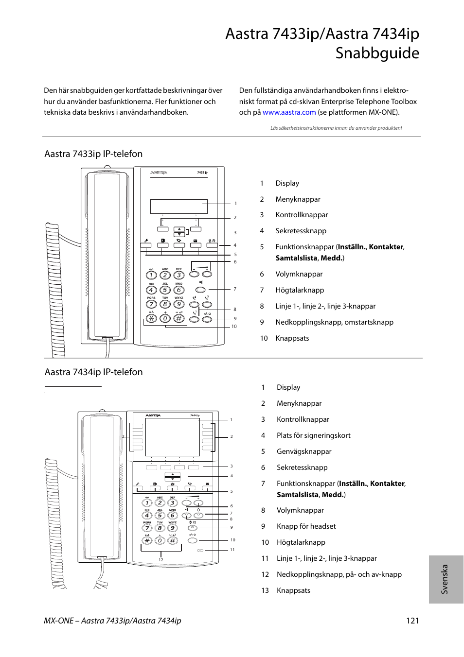 Aastra 7434ip ip-telefon, Aastra 7433ip ip-telefon | AASTRA 7434ip for MX-ONE Quick Reference Guide User Manual | Page 121 / 132