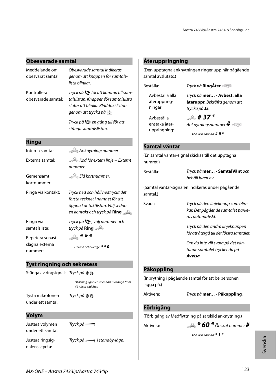 Obesvarade samtal, Ringa, Tyst ringning och sekretess | Volym, Återuppringning, Samtal väntar, Påkoppling, Förbigång | AASTRA 7434ip for MX-ONE Quick Reference Guide User Manual | Page 123 / 132