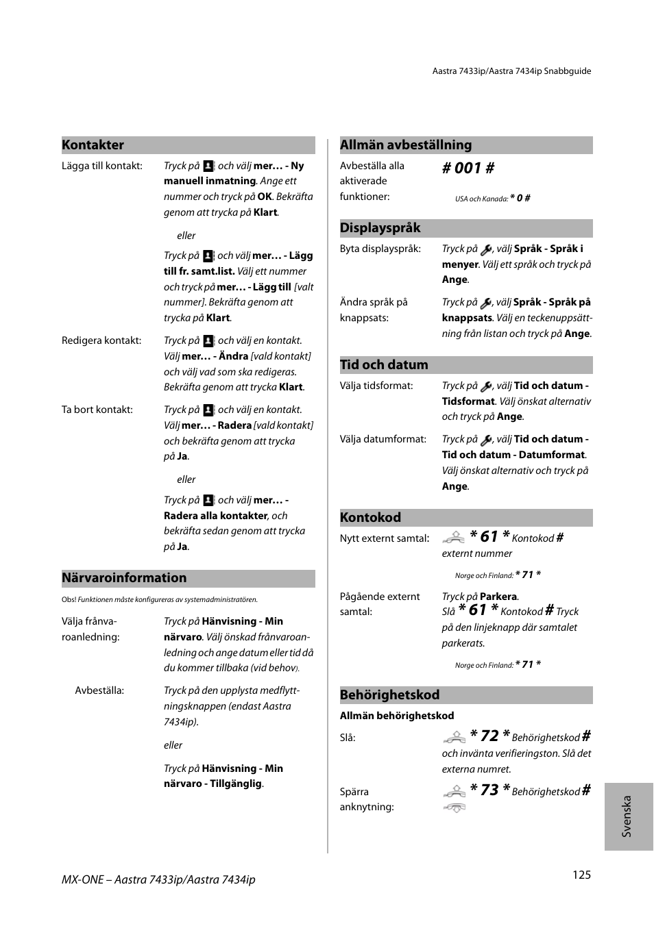 Kontakter, Närvaroinformation, Allmän avbeställning | Displayspråk, Tid och datum, Kontokod, Behörighetskod | AASTRA 7434ip for MX-ONE Quick Reference Guide User Manual | Page 125 / 132