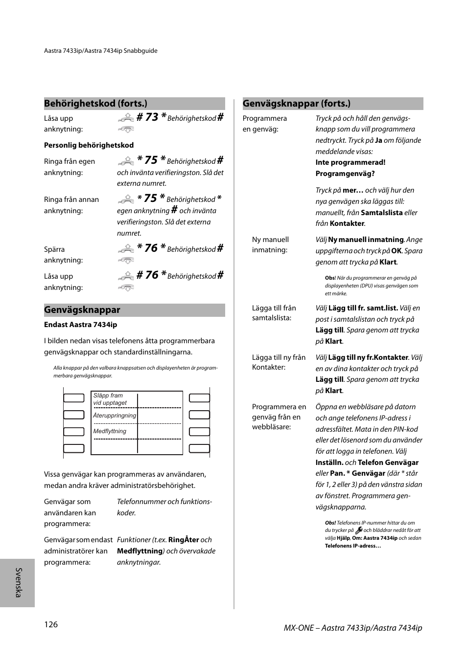 Genvägsknappar, Behörighetskod (forts.), Genvägsknappar (forts.) | AASTRA 7434ip for MX-ONE Quick Reference Guide User Manual | Page 126 / 132