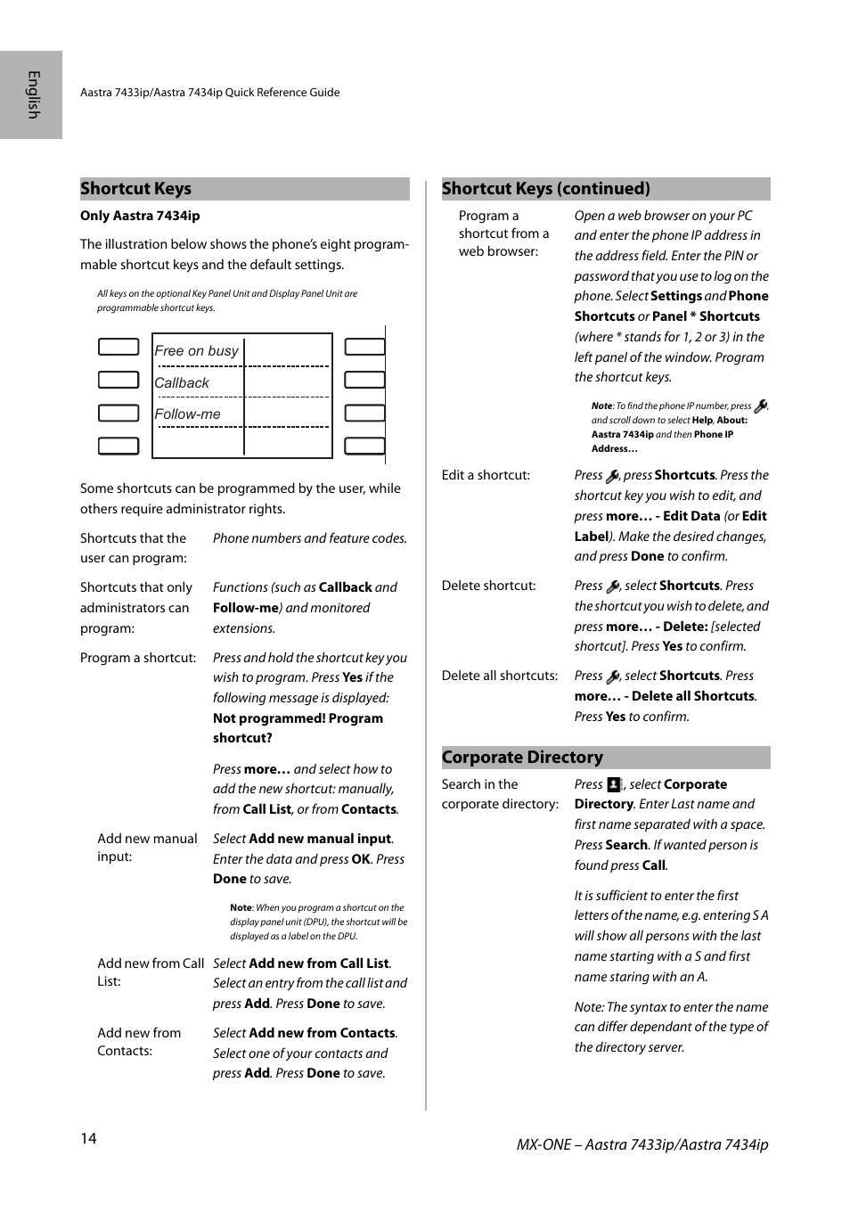 Shortcut keys, Corporate directory, Shortcut keys (continued) | AASTRA 7434ip for MX-ONE Quick Reference Guide User Manual | Page 14 / 132
