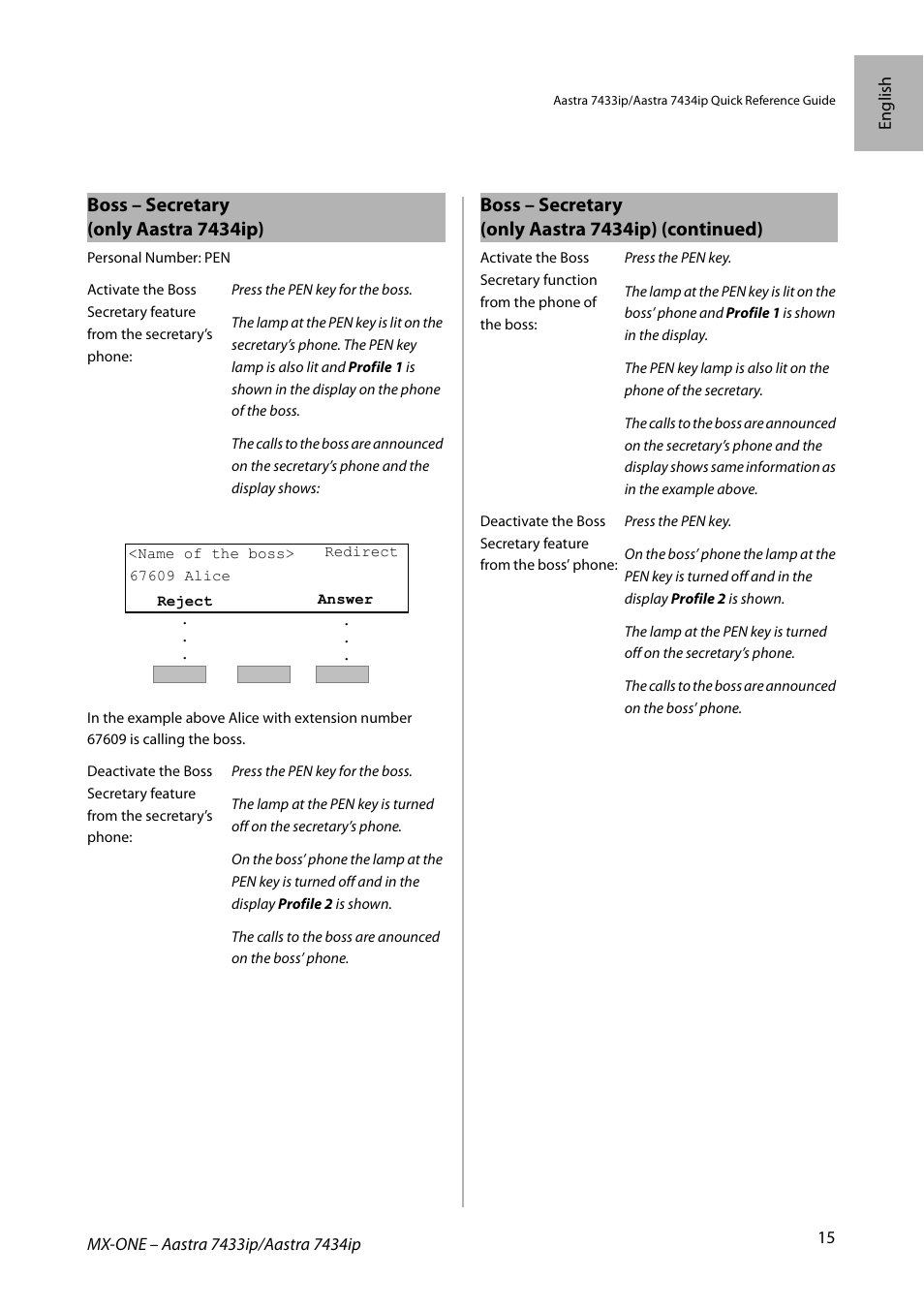 Boss – secretary (only aastra 7434ip), Boss – secretary (only aastra 7434ip) (continued) | AASTRA 7434ip for MX-ONE Quick Reference Guide User Manual | Page 15 / 132