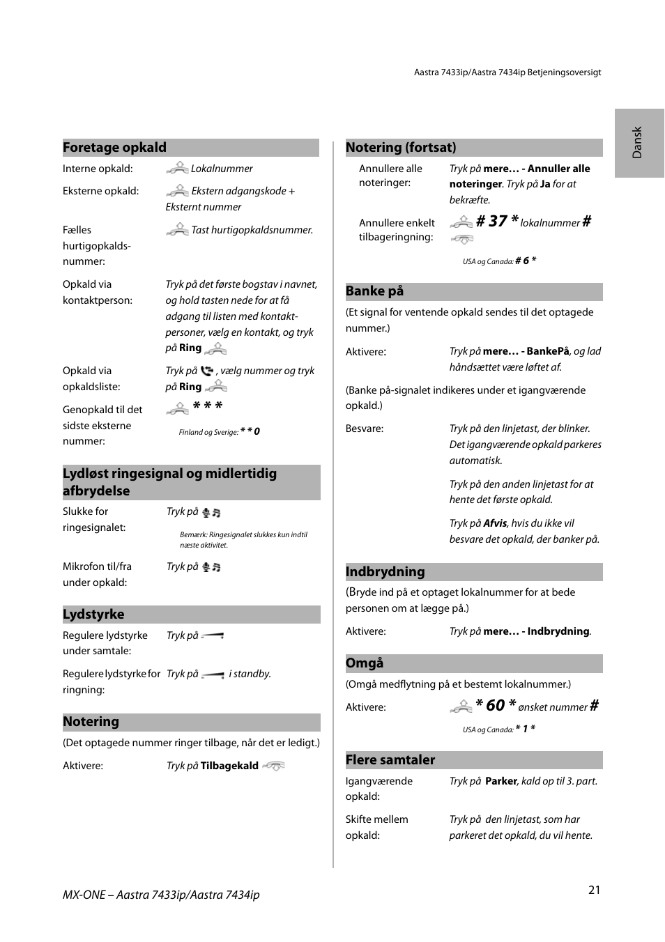 Foretage opkald, Lydløst ringesignal og midlertidig afbrydelse, Lydstyrke | Banke på, Indbrydning, Omgå, Flere samtaler | AASTRA 7434ip for MX-ONE Quick Reference Guide User Manual | Page 21 / 132