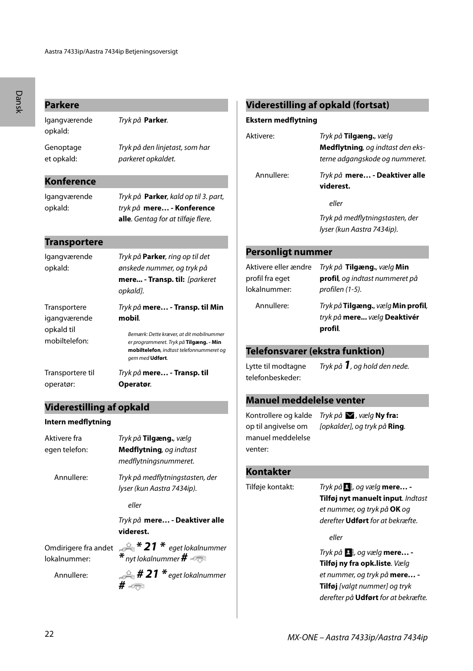 Parkere, Konference, Transportere | Viderestilling af opkald, Personligt nummer, Telefonsvarer (ekstra funktion), Manuel meddelelse venter, Kontakter, Viderestilling af opkald (fortsat) | AASTRA 7434ip for MX-ONE Quick Reference Guide User Manual | Page 22 / 132