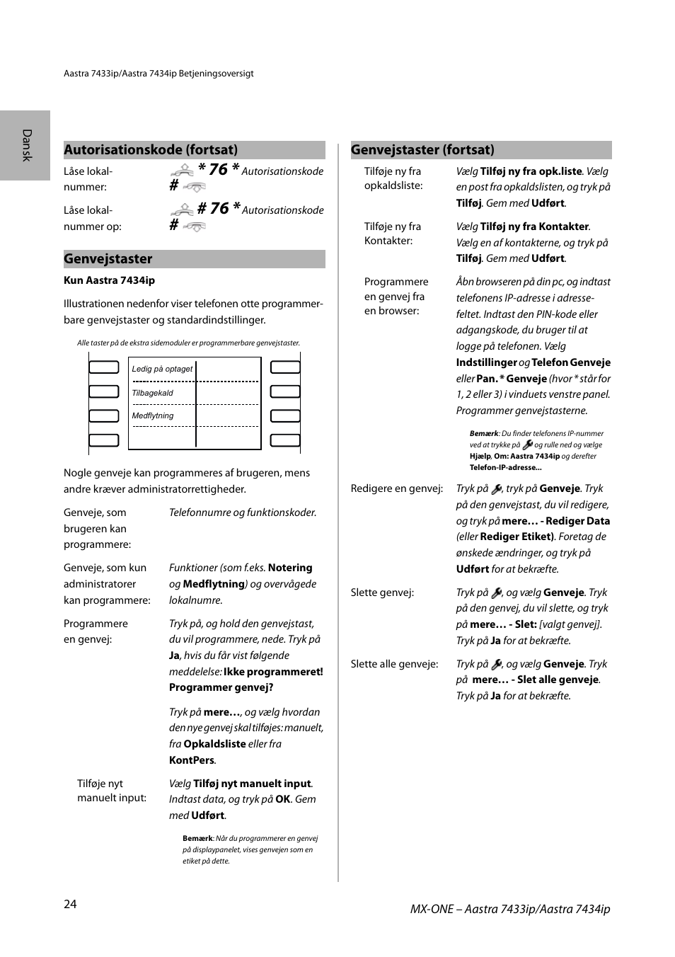 Genvejstaster, Autorisationskode (fortsat), Genvejstaster (fortsat) | AASTRA 7434ip for MX-ONE Quick Reference Guide User Manual | Page 24 / 132