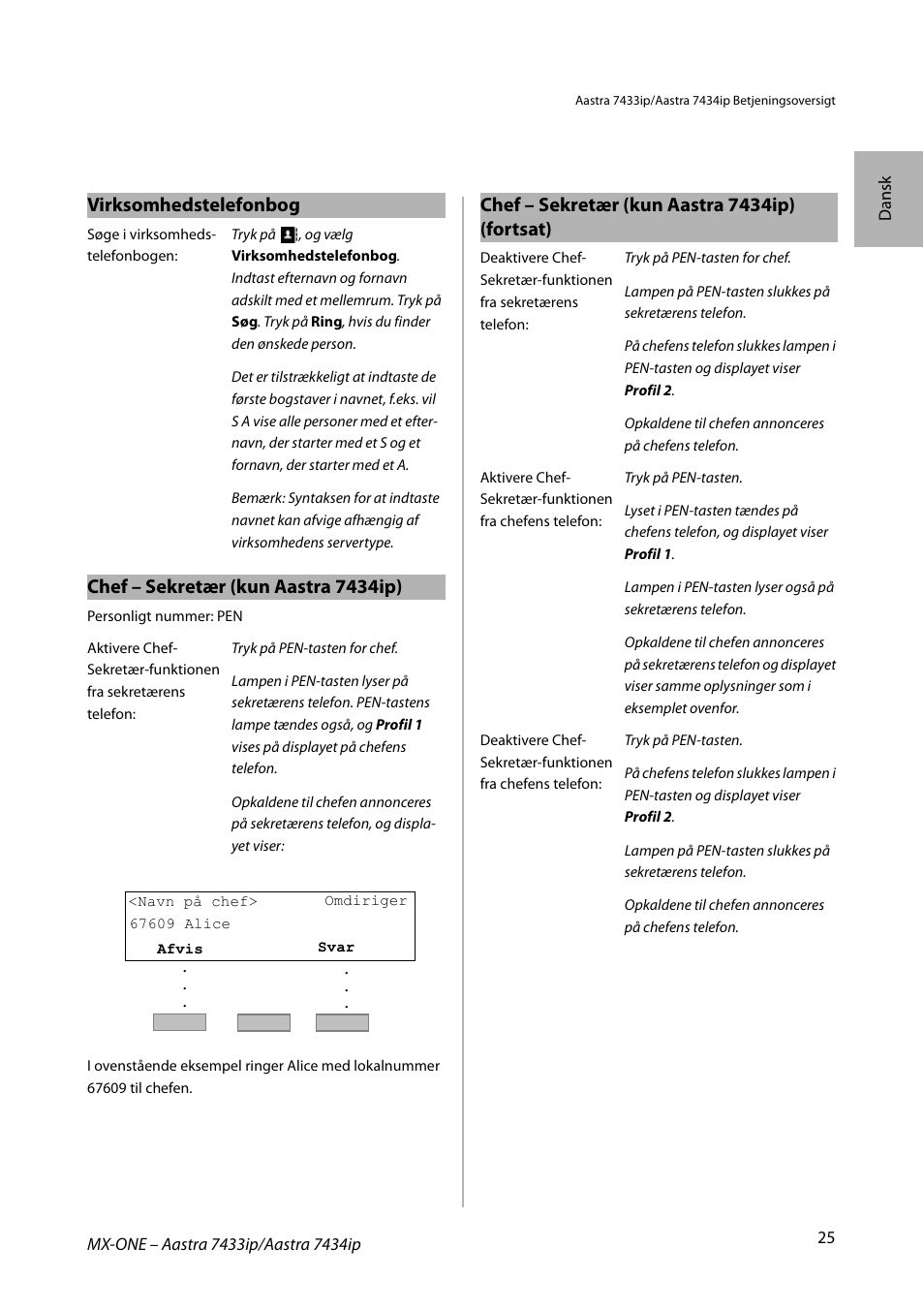 Virksomhedstelefonbog, Chef – sekretær (kun aastra 7434ip), Chef – sekretær (kun aastra 7434ip) (fortsat) | AASTRA 7434ip for MX-ONE Quick Reference Guide User Manual | Page 25 / 132