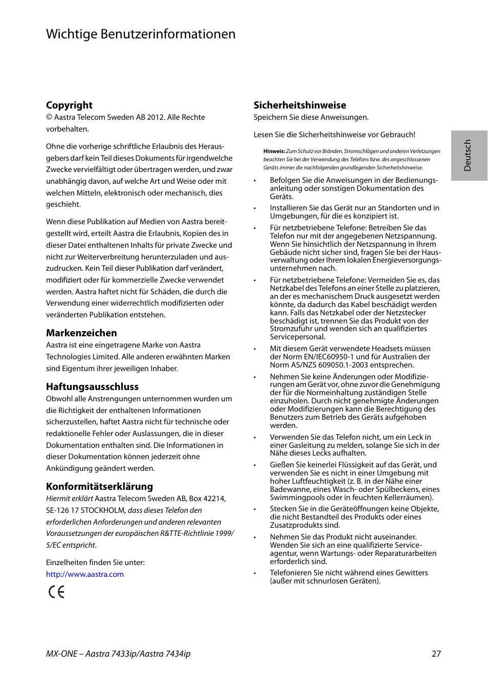 Wichtige benutzerinformationen, Deutsch, Copyright | Markenzeichen, Haftungsausschluss, Konformitätserklärung, Sicherheitshinweise | AASTRA 7434ip for MX-ONE Quick Reference Guide User Manual | Page 27 / 132