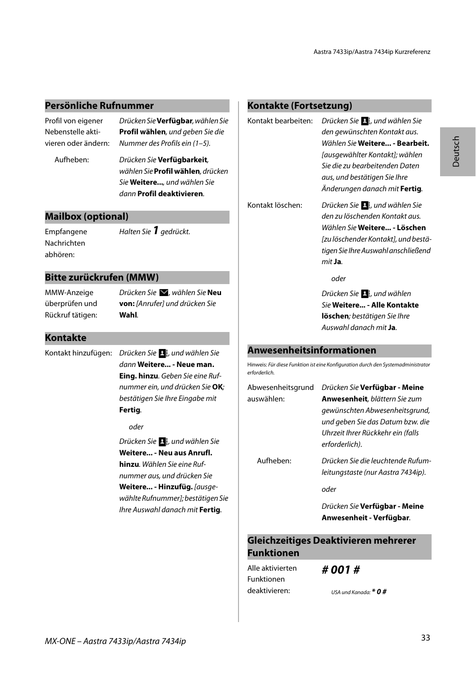 Persönliche rufnummer, Mailbox (optional), Bitte zurückrufen (mmw) | Kontakte, Anwesenheitsinformationen, Gleichzeitiges deaktivieren mehrerer funktionen, Kontakte (fortsetzung) | AASTRA 7434ip for MX-ONE Quick Reference Guide User Manual | Page 33 / 132