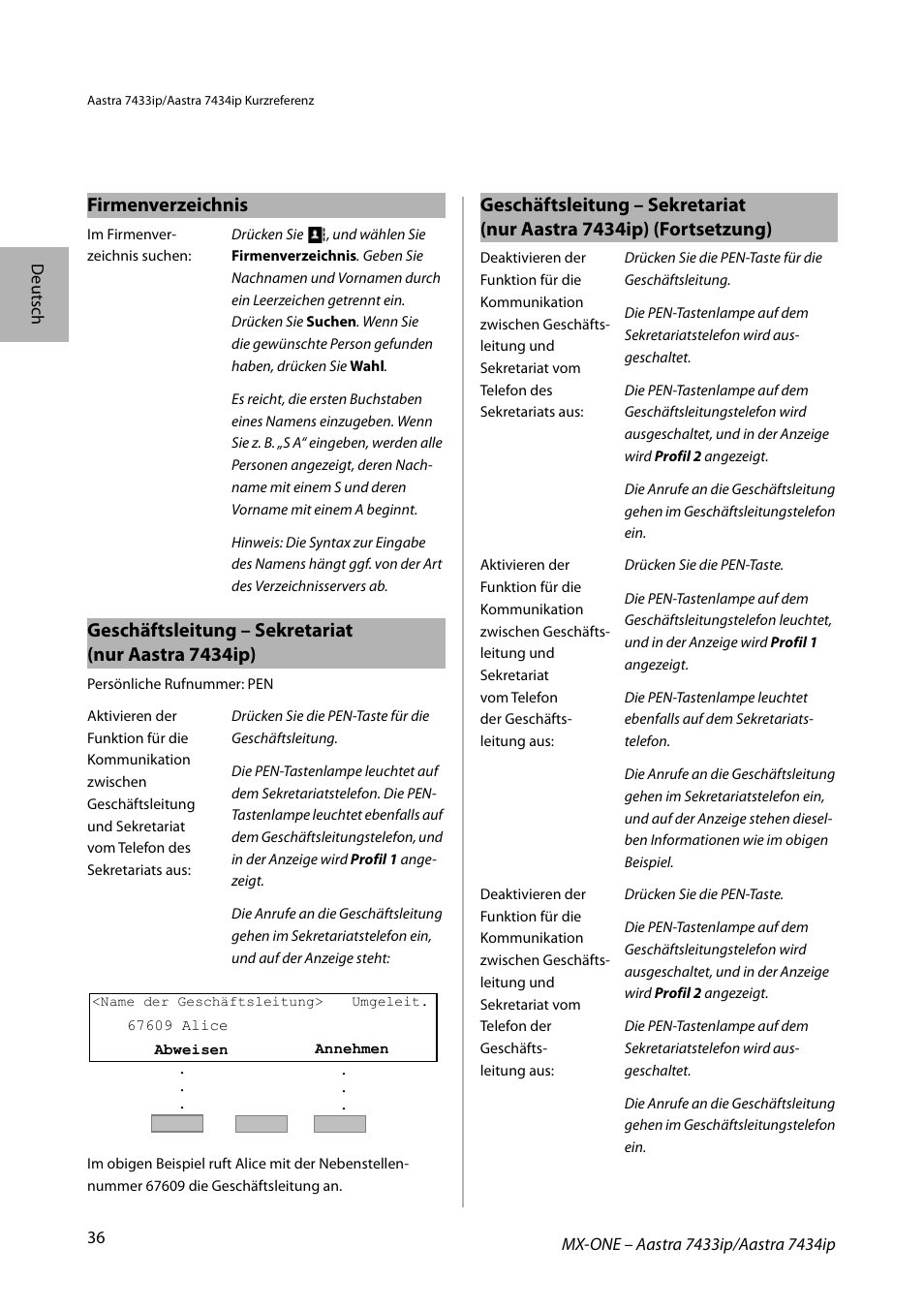 Firmenverzeichnis, Geschäftsleitung – sekretariat (nur aastra 7434ip) | AASTRA 7434ip for MX-ONE Quick Reference Guide User Manual | Page 36 / 132
