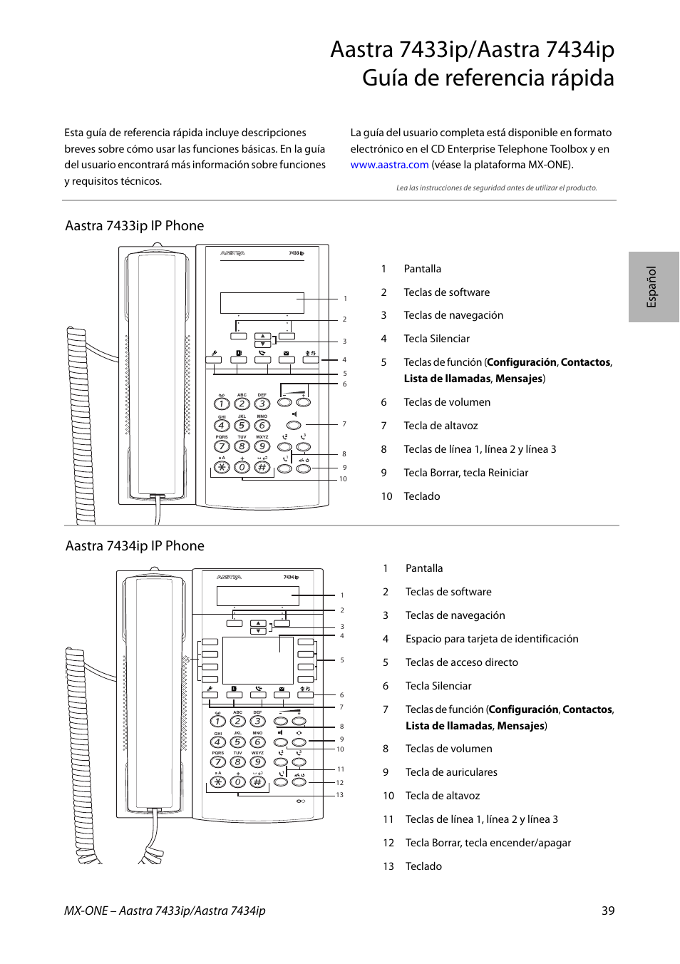 Aastra 7434ip ip phone, Aastra 7433ip ip phone | AASTRA 7434ip for MX-ONE Quick Reference Guide User Manual | Page 39 / 132