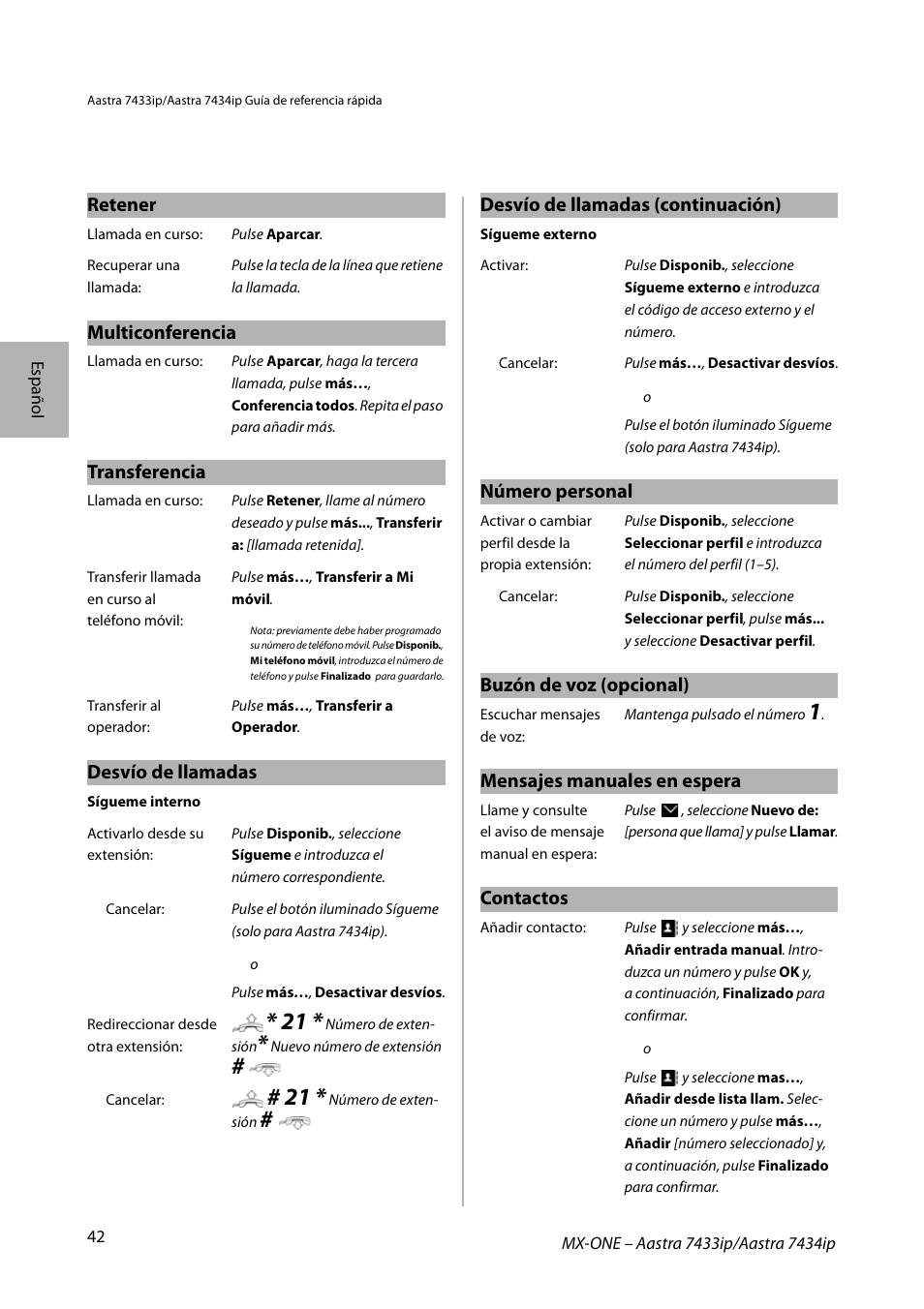 Retener, Multiconferencia, Transferencia | Desvío de llamadas, Número personal, Buzón de voz (opcional), Mensajes manuales en espera, Contactos, Desvío de llamadas (continuación) | AASTRA 7434ip for MX-ONE Quick Reference Guide User Manual | Page 42 / 132